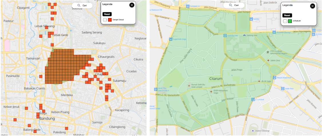 Grid Lokasi Kategori ’Sangat Sesuai’ (Kiri)  &  Batas Kelurahan Citarum (Kanan) 