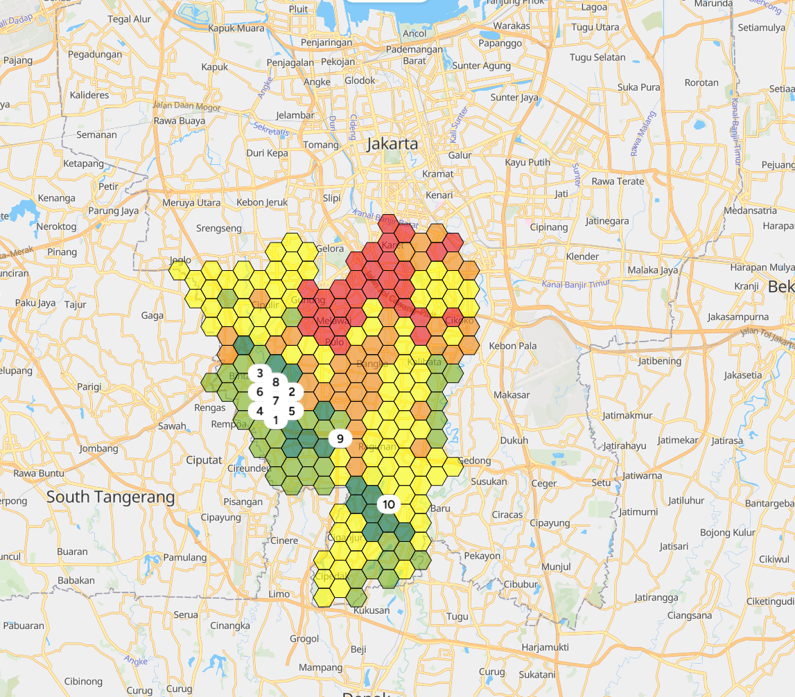 Gambar 1. Peta distribusi skor site selection — zona merah menunjukkan area dengan kesesuaian tertinggi untuk usaha otomotif spesialis balap di Jakarta Selatan.
