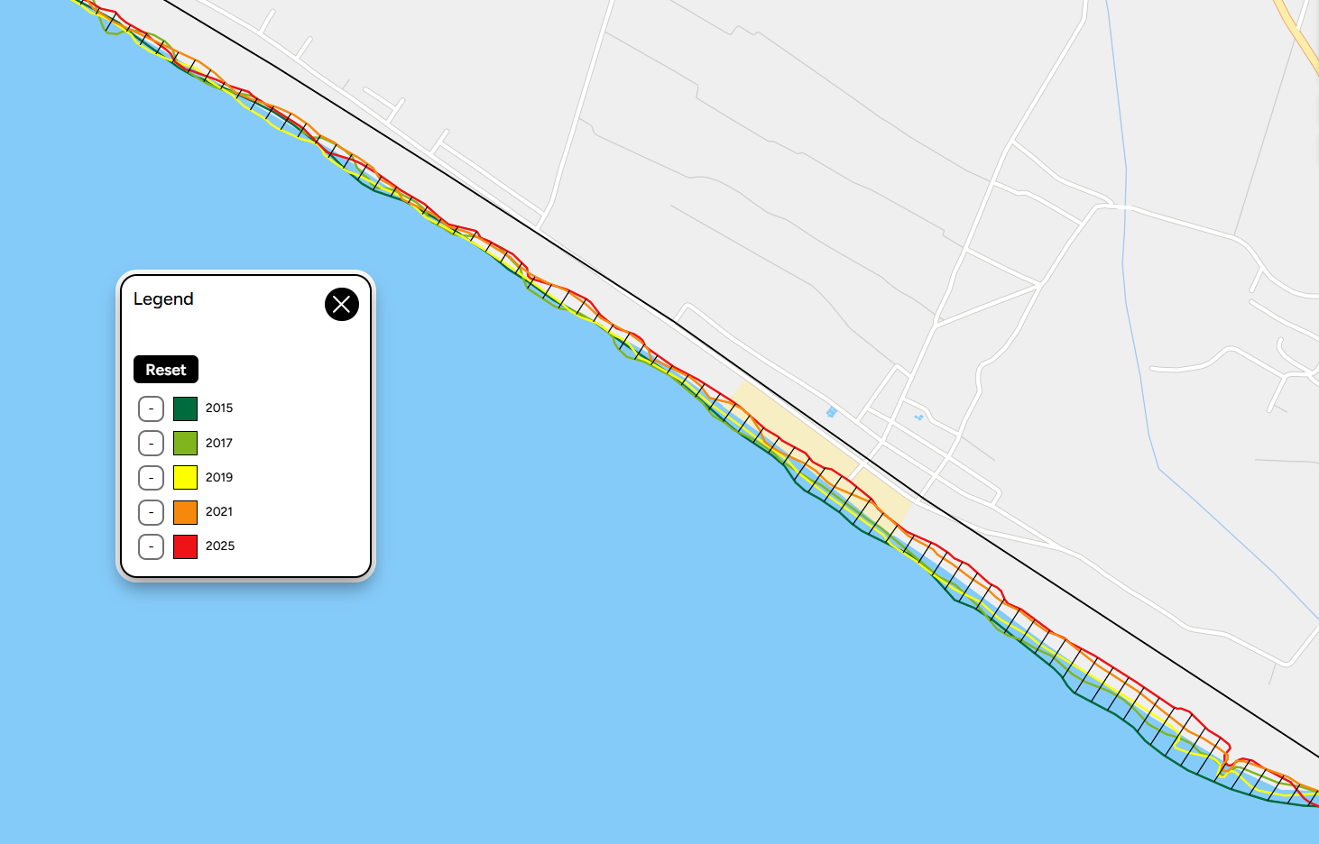 Peta garis pantai di Pantai Trisik 2015-2025