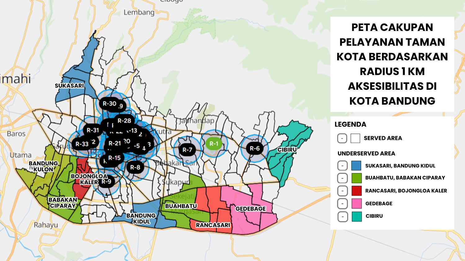 Peta Cakupan Pelayanan Taman Kota berdasarkan Radius 1 Km Aksesbilitas di Kota Bandung