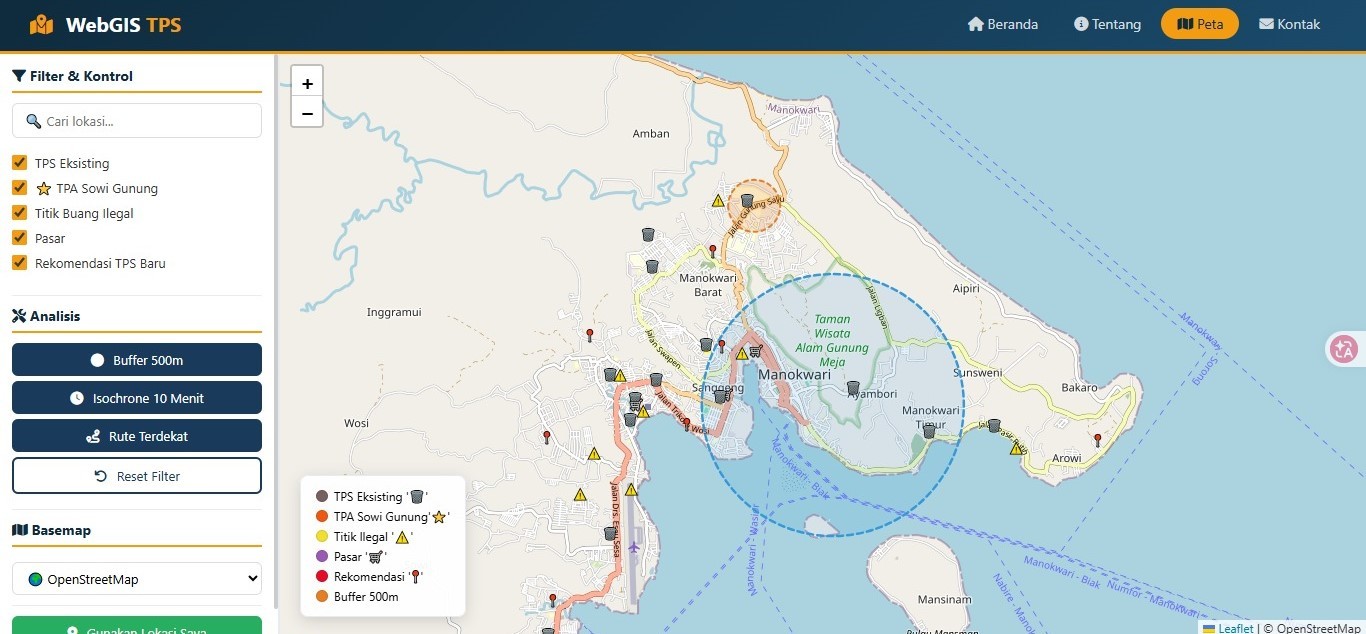 Tampilan utama WebGIS TPS Manokwari yang menampilkan sebaran TPS (merah),  TPA Sowi Gunung (oranye), titik pembuangan ilegal (kuning), pasar (ungu),  dan rekomendasi TPS baru (hijau)