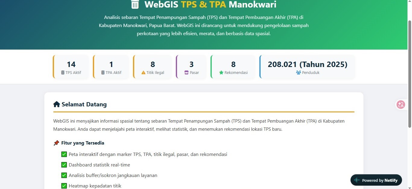 Dashboard statistik yang menampilkan jumlah TPS aktif, titik ilegal, pasar,  rekomendasi, dan total penduduk Kabupaten Manokwari.