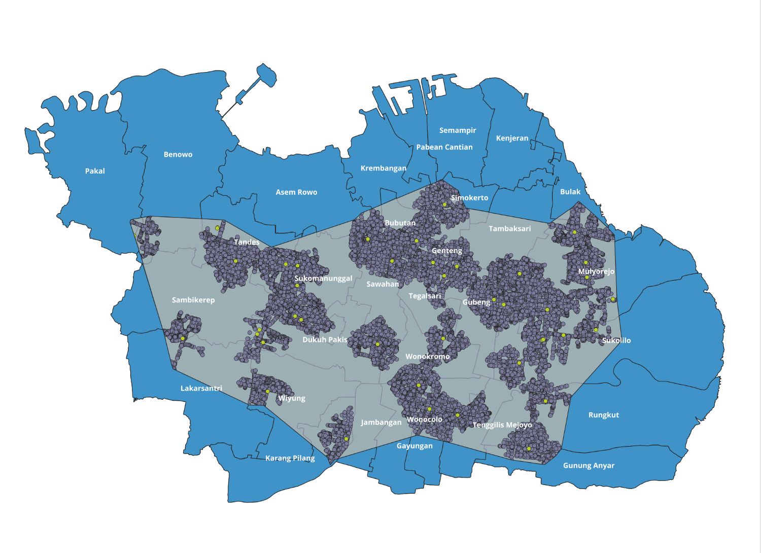 Gambar 4. Persebaran Supermarket dan Hasil Concave Hull