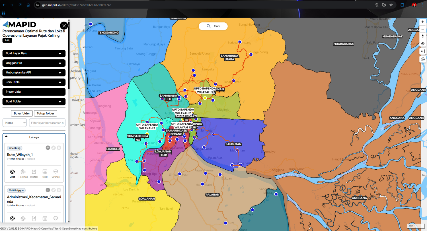 Gambar 3. Rute shortest path dari UPTD wilayah 1, 2, 3, dan 5