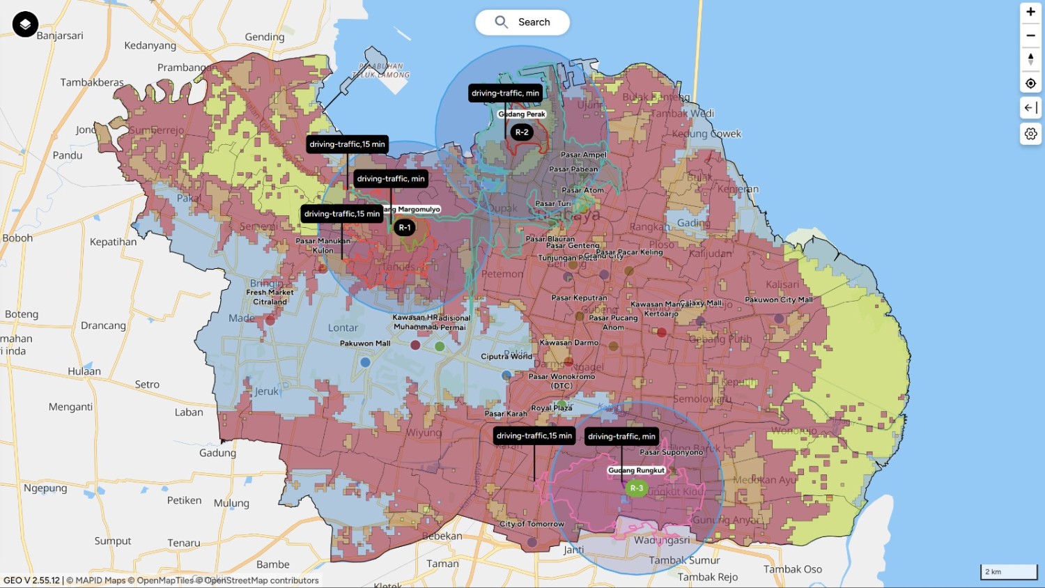 Hasil Overlay Data Gudang Eksisting dengan POI Demand, Distribusi Jangakauan dan Aksesibilitas, serta Risiko Banjir