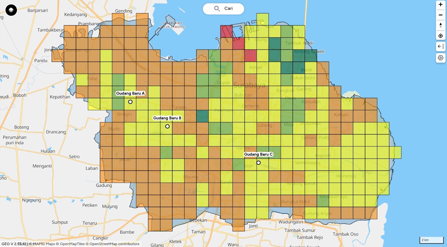 Sebaran Rekomendasi Titik Gudang Baru dengan Overlay Site Selection 