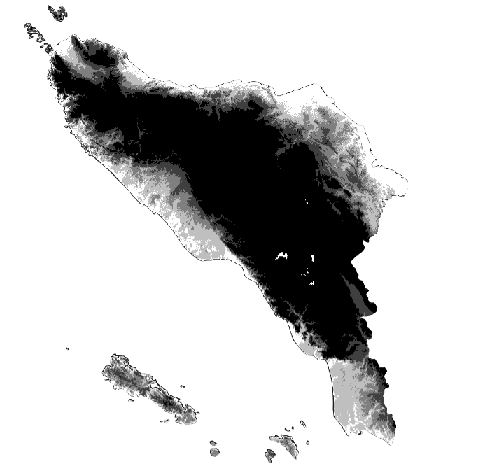 Peta ketinggian daratan Aceh diolah penulis dari DEMNAS. Semakin terang, semakin rendah daratan di wilayah tersebut.