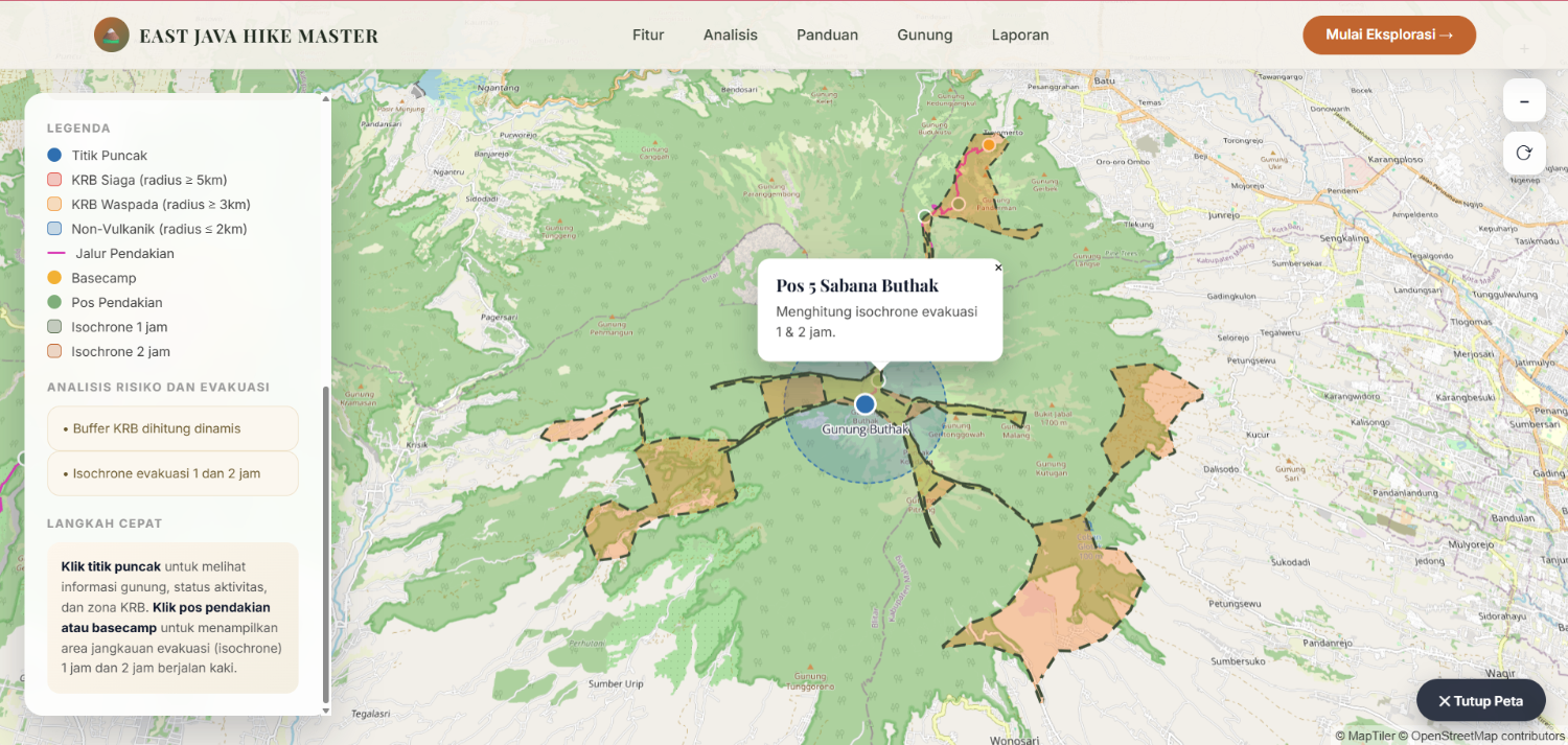 Gambar 4. Hasil simulasi Isochrone yang menunjukkan area jangkauan perjalanan berdasarkan batas waktu 1 jam dan 2 jam dari titik awal.