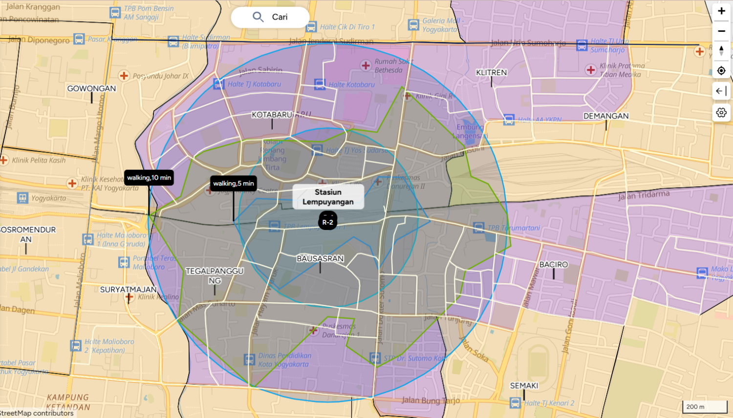 Gambar 1 Area Buffer Stasiun (400m dan 200m) dan Jangkauan Walkable dengan durasi waktu (5 dan 10 menit)