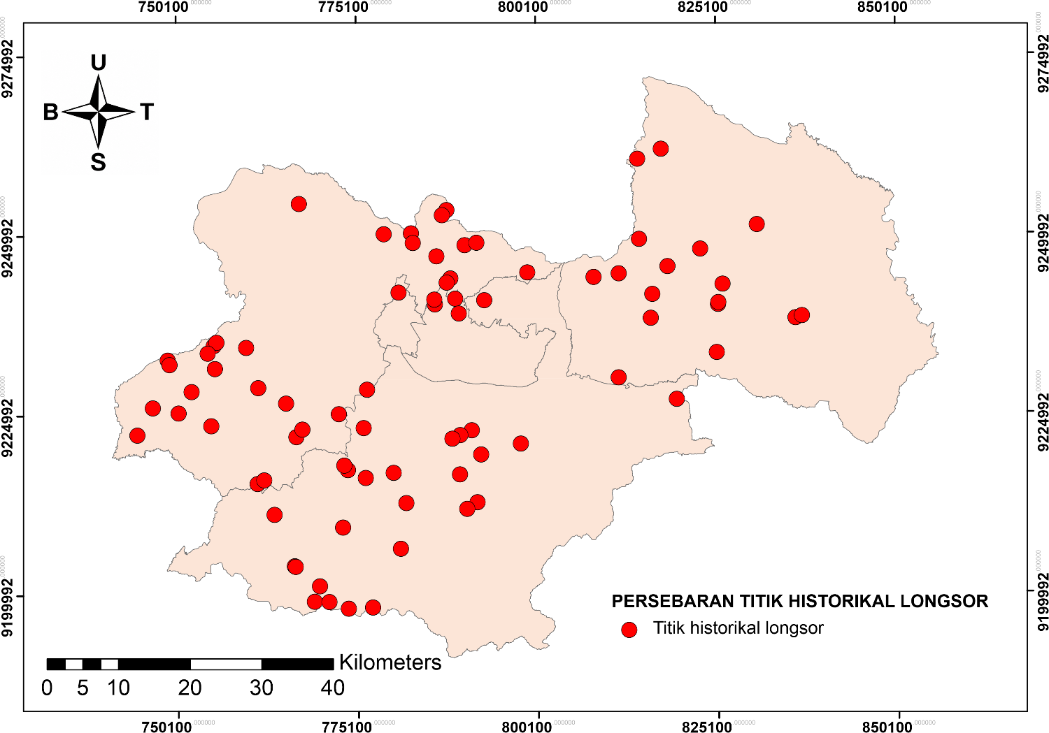 Gambar 4.  Peta Persebaran Titik Historis Kejadian Longsor Berdasarkan Data Inventori Longsor Wilayah Bandung Raya
