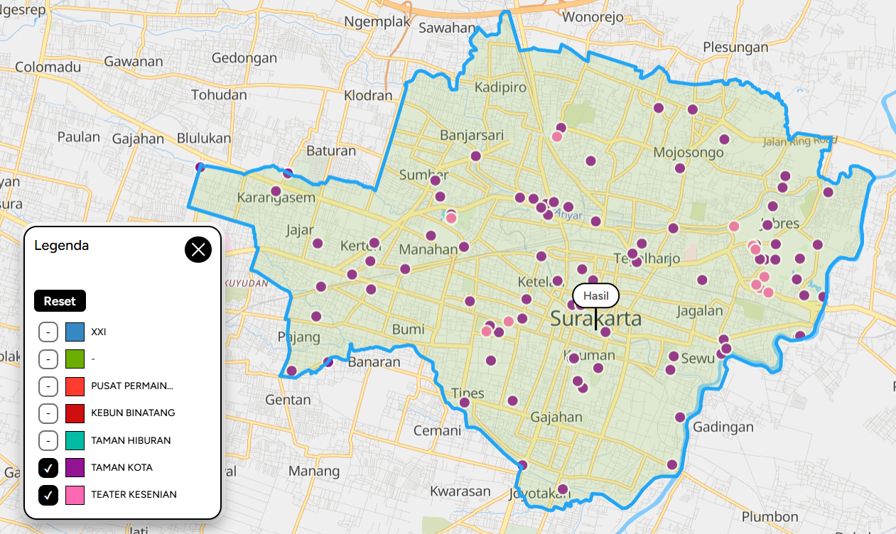 Sebaran fasilitas kesenian dan ruang publik di Surakarta