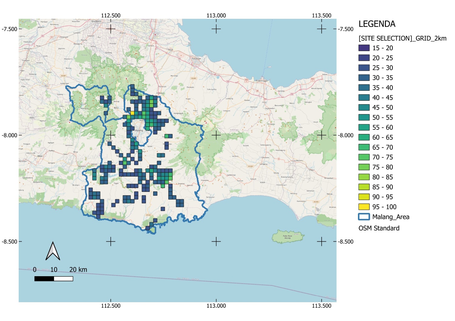 Analisis Site Selection berbasis grid persegi dengan radius 2km