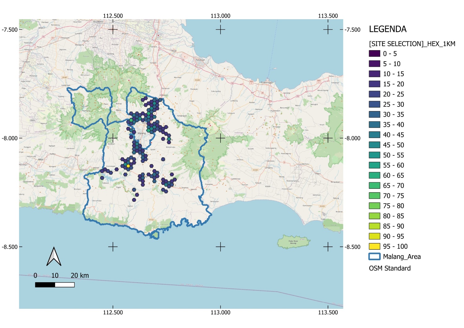 Analisis Site Selection berbasis grid heksagon dengan radius 1 km