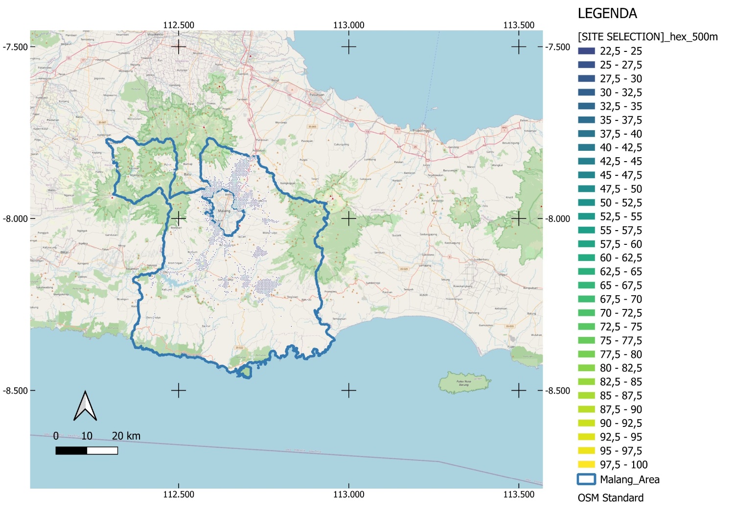 Analisis Site Selection berbasis grid heksagon dengan radius 0.5 km
